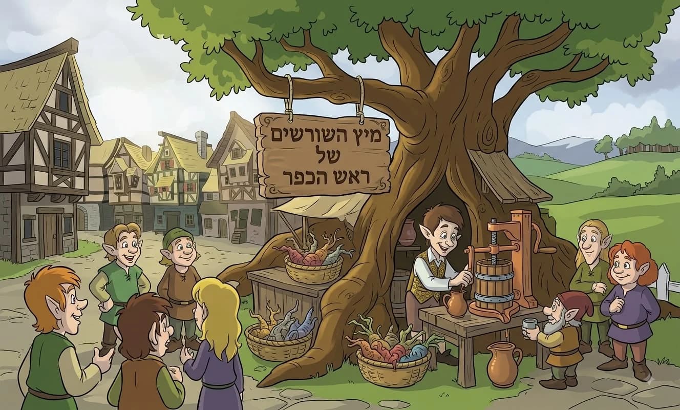 דוכן "מיץ השורשים של ראש הכפר" תחת העץ הגדול בכפר הבזבזים, עם בני הכפר סביבו