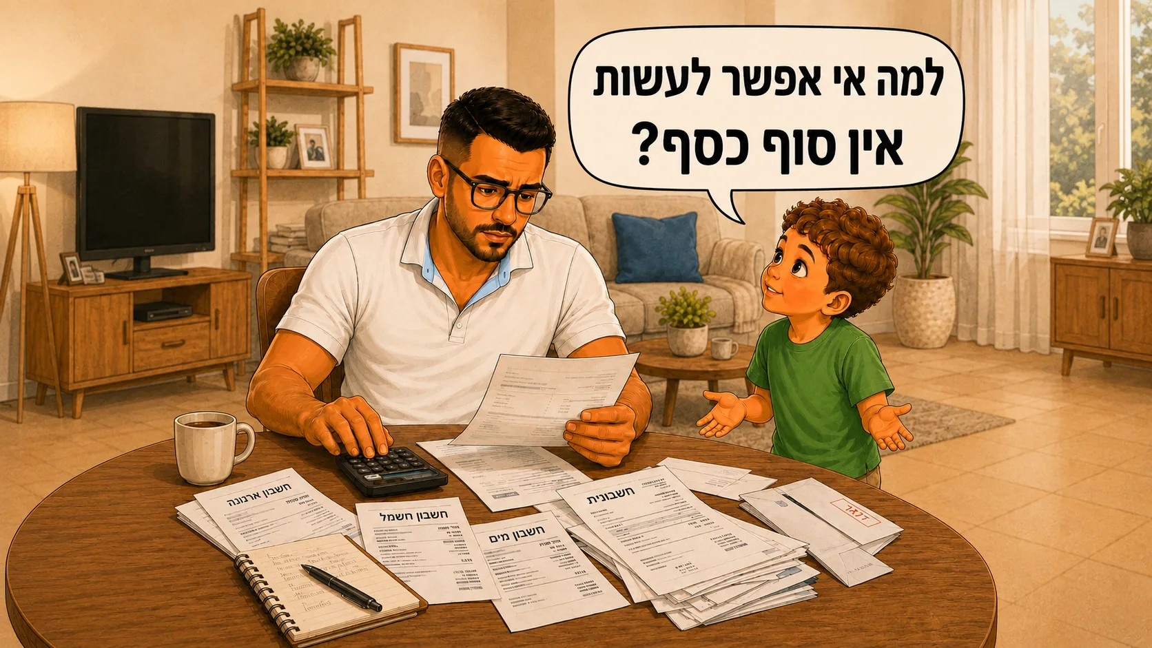 אבא ממיין חשבונות מול המחשבון, וילד שואל אותו “למה אי אפשר לעשות אין סוף כסף?”