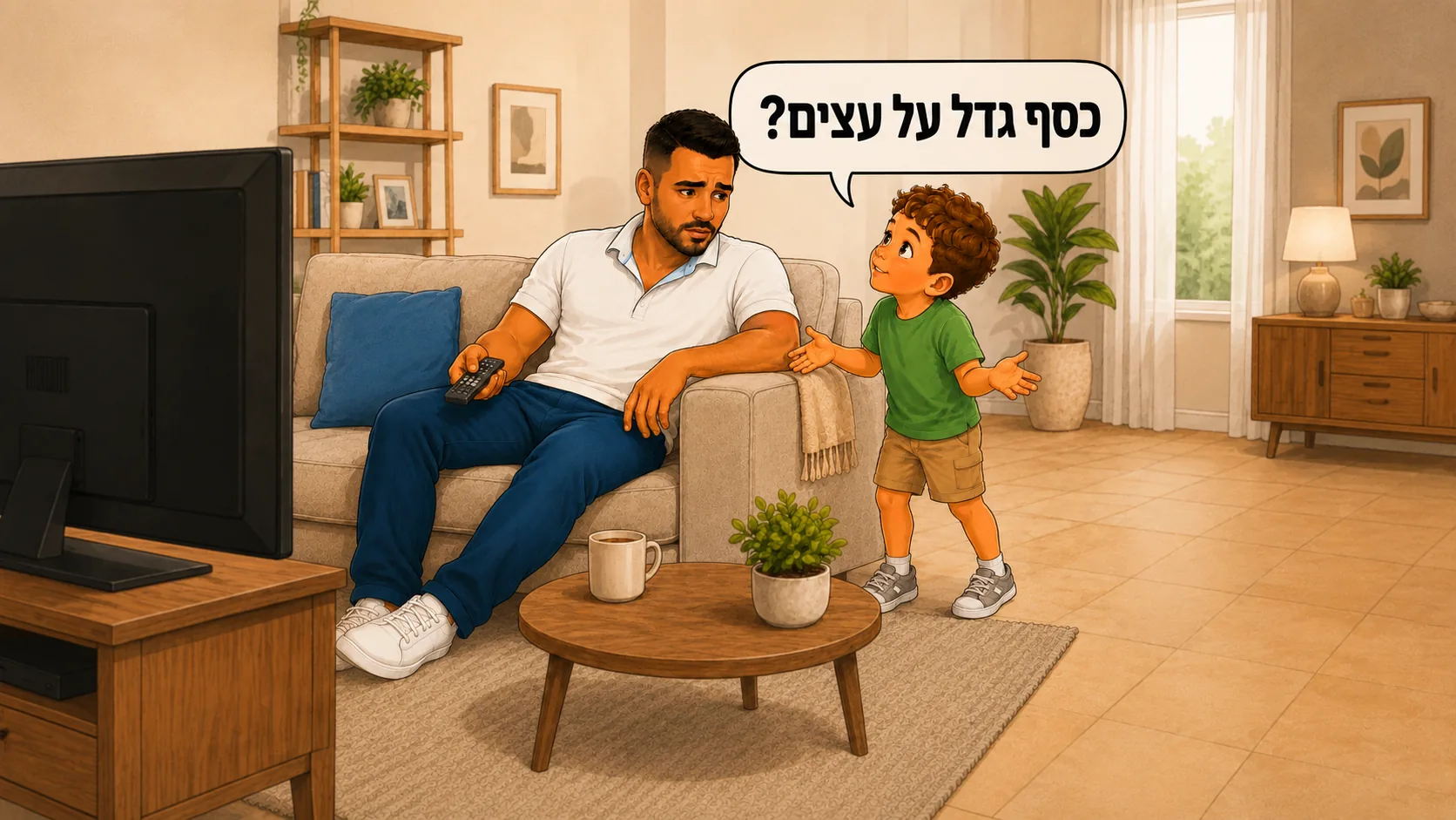 אבא על הספה מול הטלוויזיה, וילד שואל אותו “כסף גדל על עצים?”