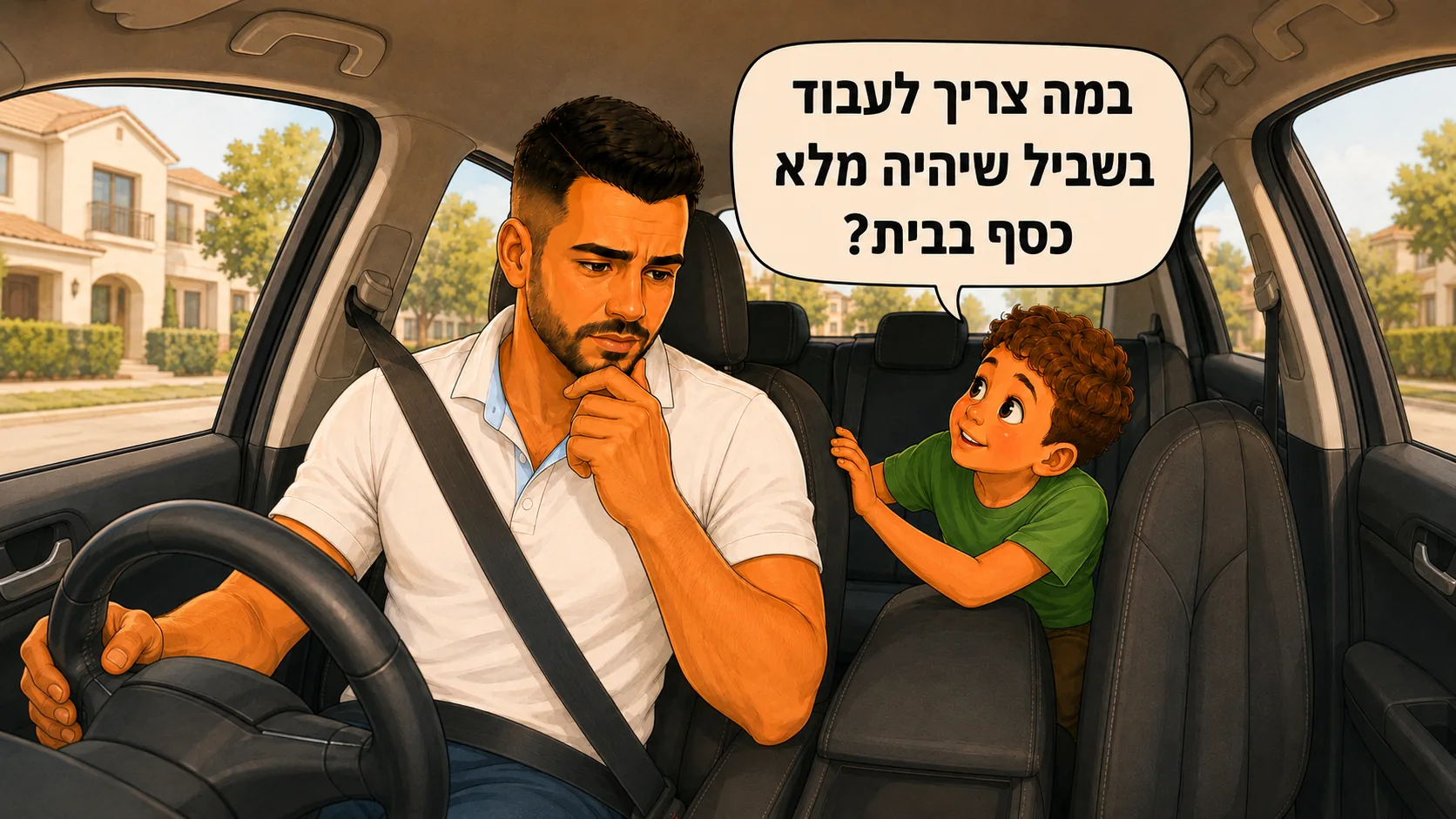אבא נוהג במכונית, וילד מהמושב האחורי שואל “במה צריך לעבוד בשביל שיהיה מלא כסף בבית?”